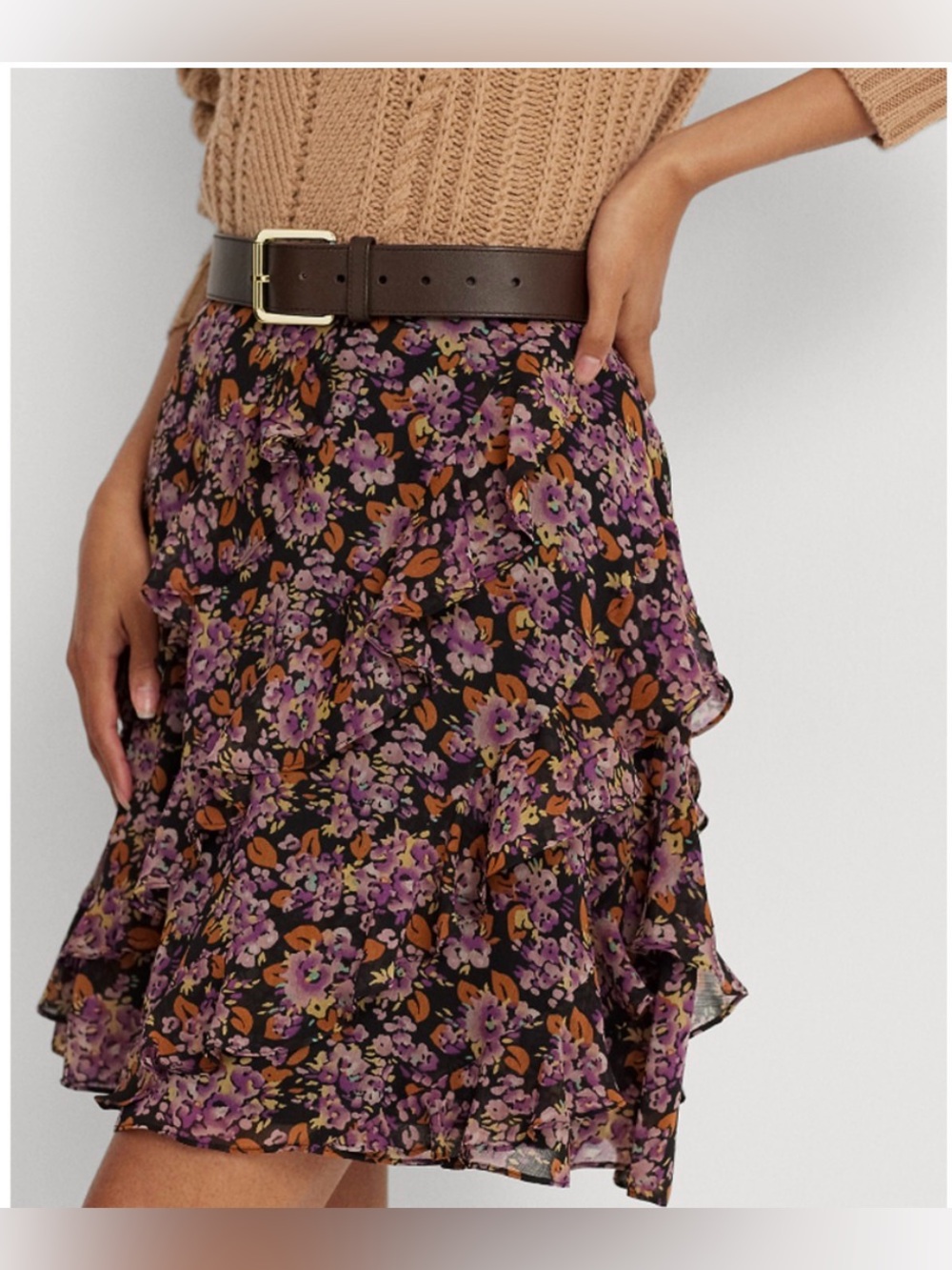 Ralph Lauren Black Mini Georgette Skirt with Purple and Brown Floral Print 4